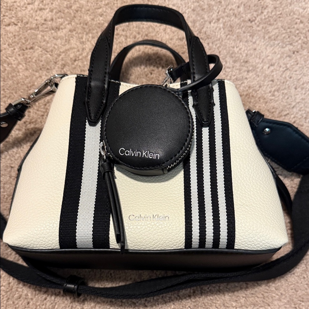 Calvin Klein Millie Black and White Striped Satchel with Coin Purse